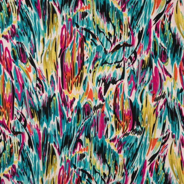 Modestoff mit künstlerischem Print in Fuchsia und Blau für Sommermode