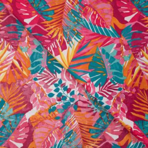 Nahaufnahme vom Polyester Stoff mit Muster – Tropenmuster mit Blättern in Pink, Orange und Türkis