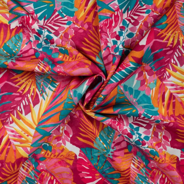 odestoff Pink Jungle – Weich fallender Polyester Stoff mit lebendigem Muster
