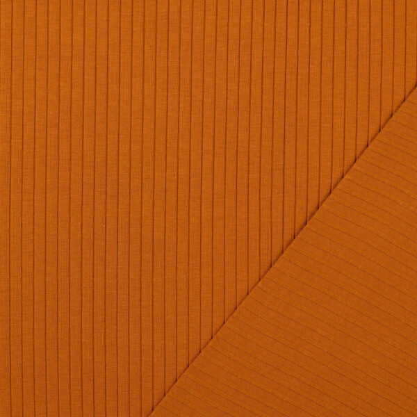 Rippenjersey Stoff Camel, Vorder- und Rückseite im Detail, Rippenstruktur und warme Farbe sichtbar
