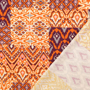 Startseite Viskose Stoff mit Digitaldruck in Orange, ganzflächig im Blumen- und Patchwork-Muster – leichter Kleiderstoff.