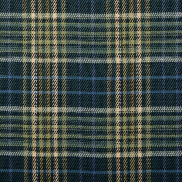 Nahaufnahme des Viskose Hosenstoffs mit grün-blauem Karomuster, garngefärbt und Oeko-Tex zertifiziert.