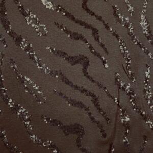 Brauner Jersey-Stoff mit glitzernden Pailletten in wellenförmigem Muster – elastischer Modestoff für elegante Kleider, Röcke oder Blazer.