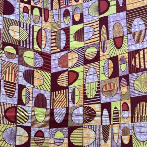 Waxprint Alternativtext: Vlisco Super-Wax mit Schachbrettgitter und gemusterten Oval-Motiven in Olivgrün, Lila, Dunkelbraun und Orange – Mosaikstruktur, beidseitig bedruckt
