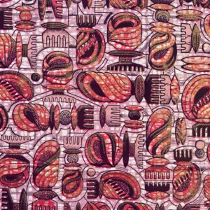 Vlisco Grand Super-Wax in Rosa, Mauve und Burgunder mit dichtem Allover-Ornamentmuster aus Muscheln, Kapseln und Spiralen – beidseitig bedruckt, Guaranteed Dutch Wax