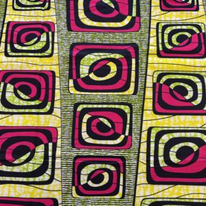 Vlisco Super-Wax Stoff mit konzentrischen Retro-Squares in Gelbgrün, Magenta und Schwarz – geometrisch-grafisches Spiralmuster, beidseitig bedruckt